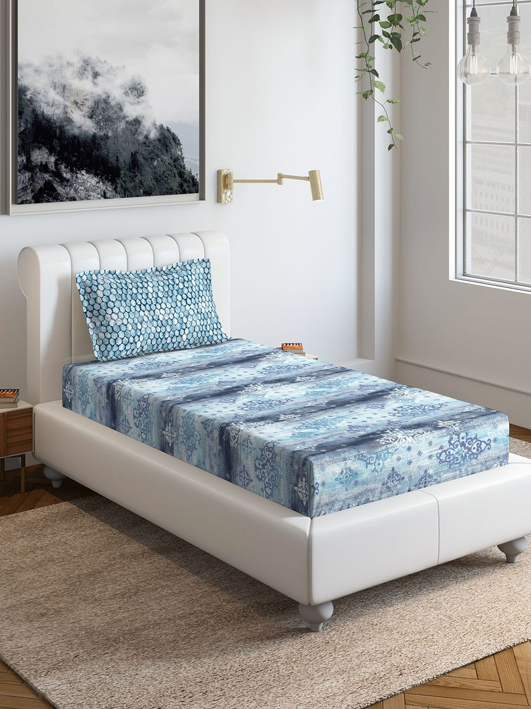 

DDecor Blue Geometric 150 TC Cotton 1 Single Bedsheet with 1 Pillow Cover