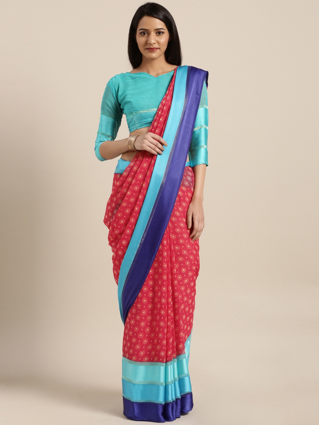 

Shaily Red & Blue Printed Satin Saree