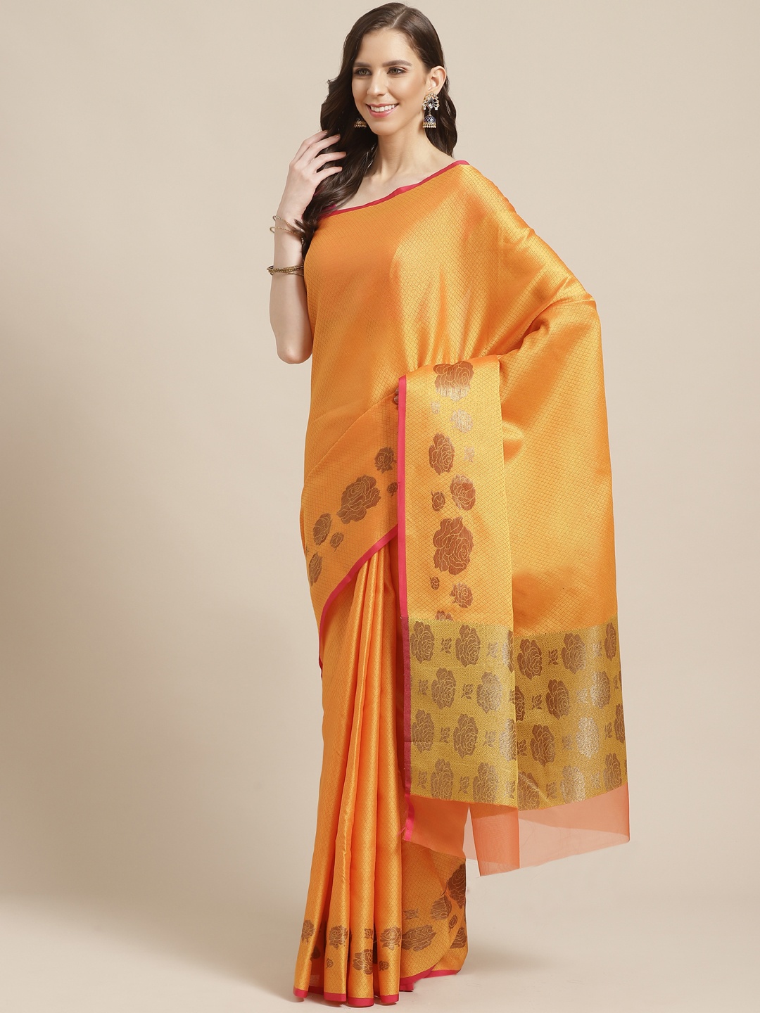 

Shaily Orange & Golden Zari Woven Design Saree