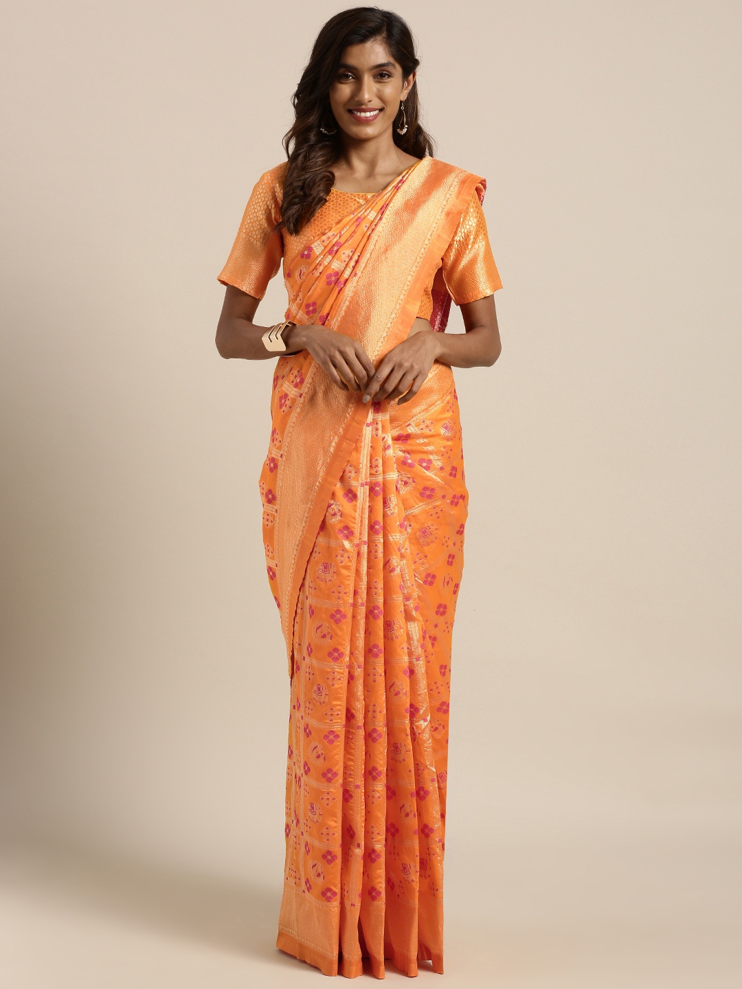 

Shaily Orange & Pink Pure Silk Woven Design Banarasi Saree