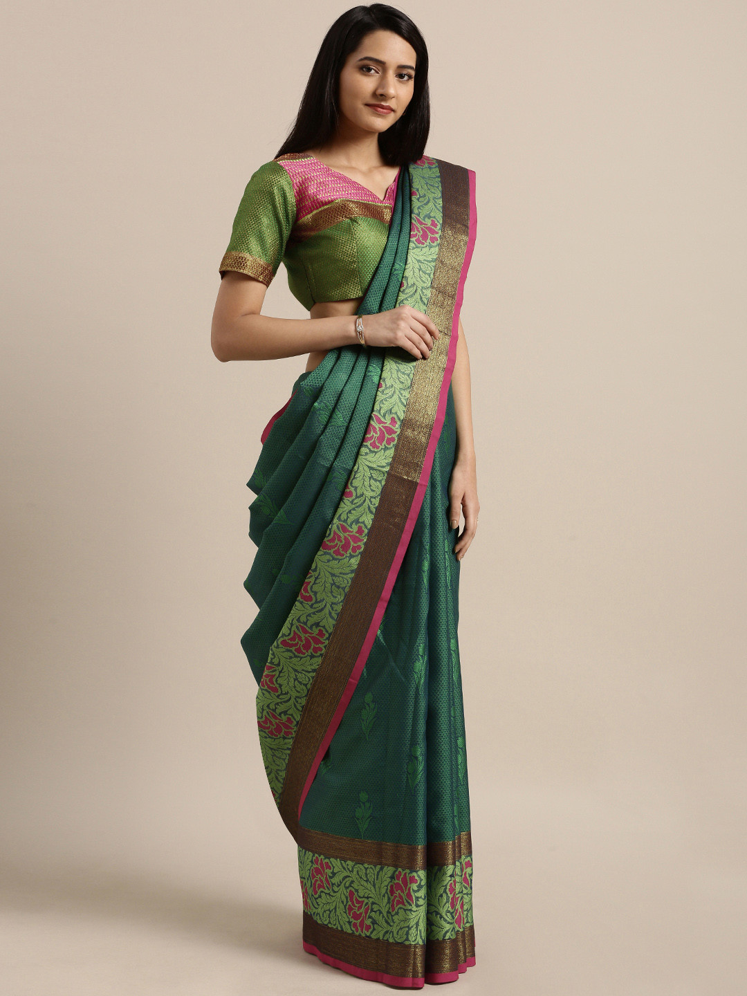 

Shaily Turquoise Teal Green Pure Silk Woven Design Banarasi Saree