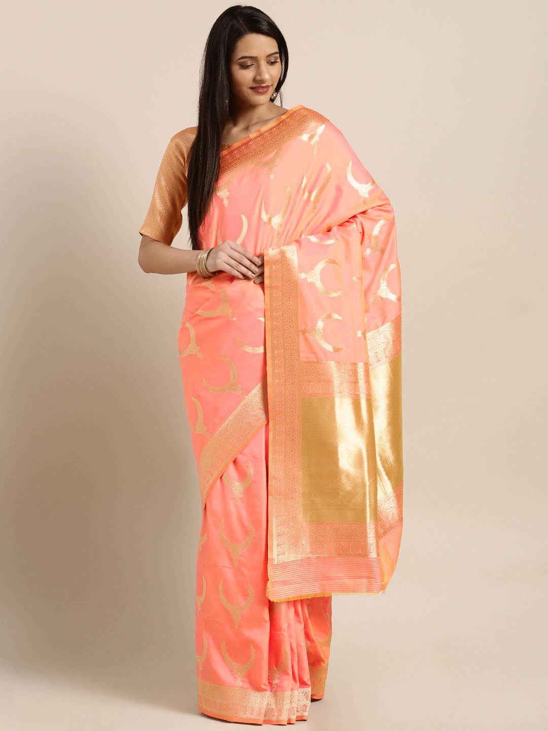 

Shaily Peach-Coloured Pure Silk Woven Design Banarasi Saree