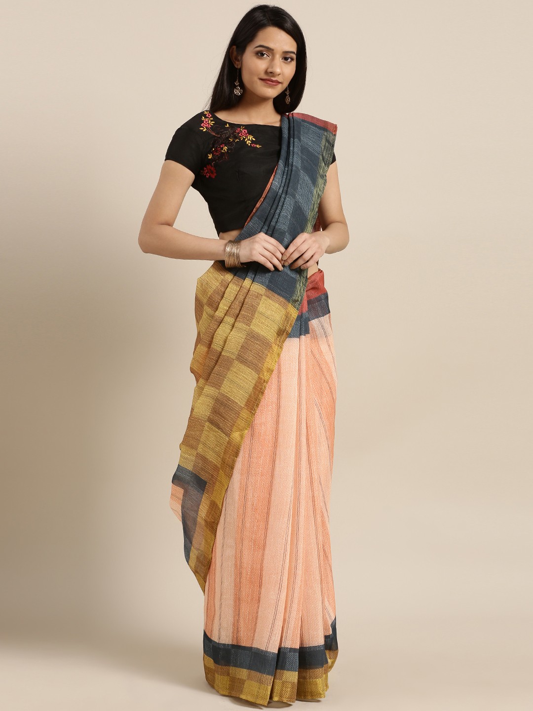

Shaily Peach-Coloured & Blue Pure Linen Printed Saree