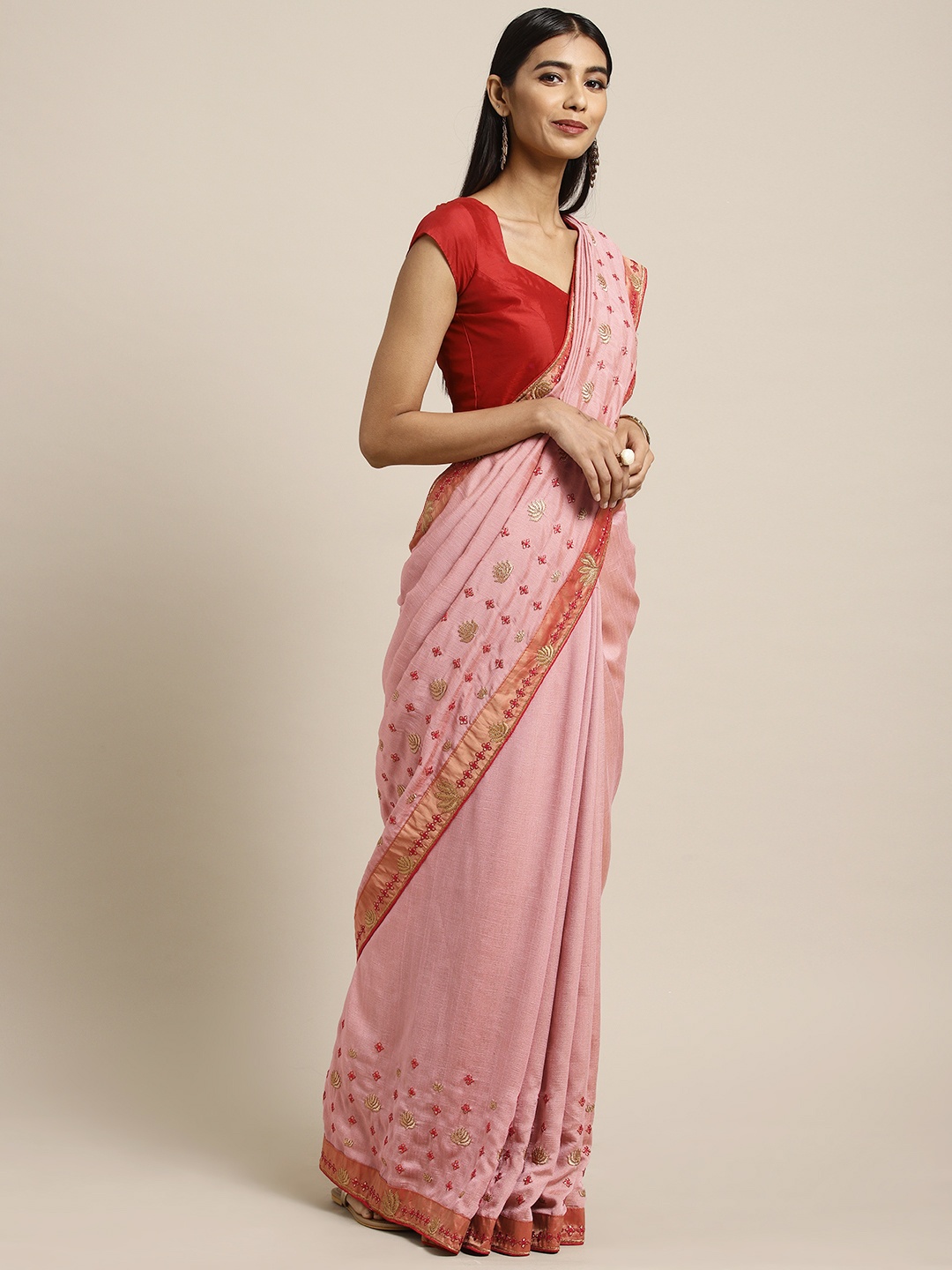 

Shaily Pink Solid Barfi Silk Saree