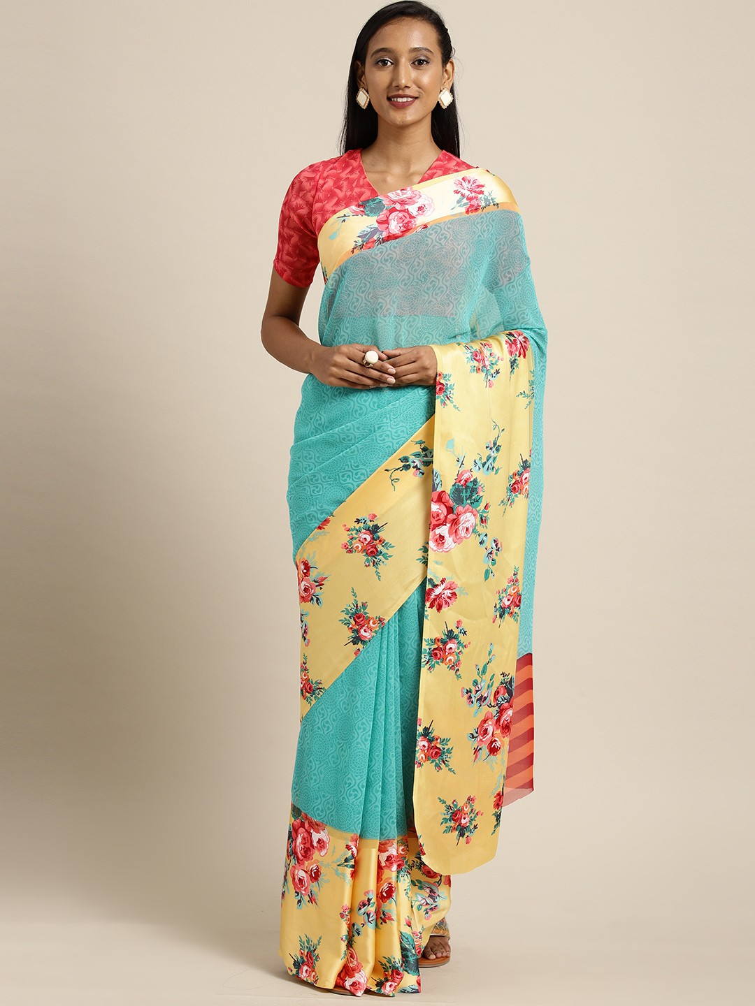 

Shaily Turquoise Blue & Yellow Satin Patta Printed Saree
