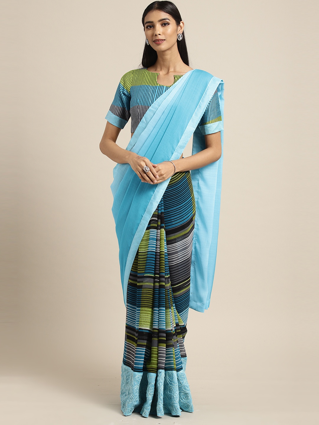 

Shaily Turquoise Blue Printed Half and Half Pure Georgette Saree