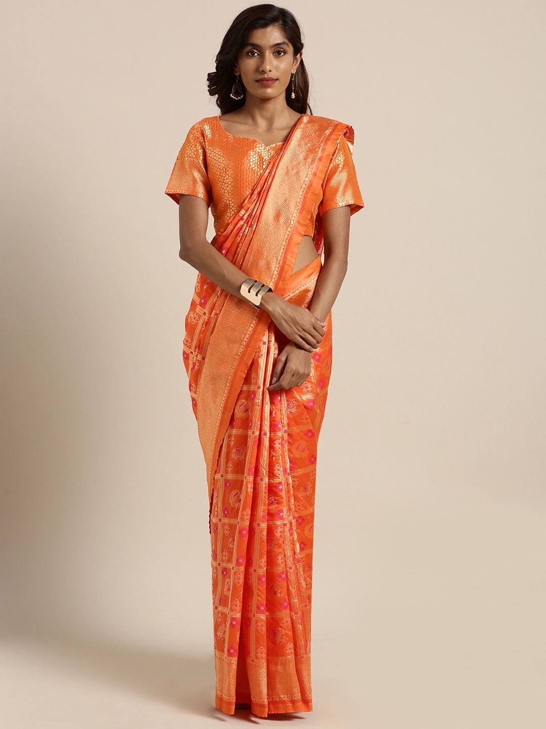 

Shaily Orange & Pink Pure Silk Woven Design Banarasi Saree