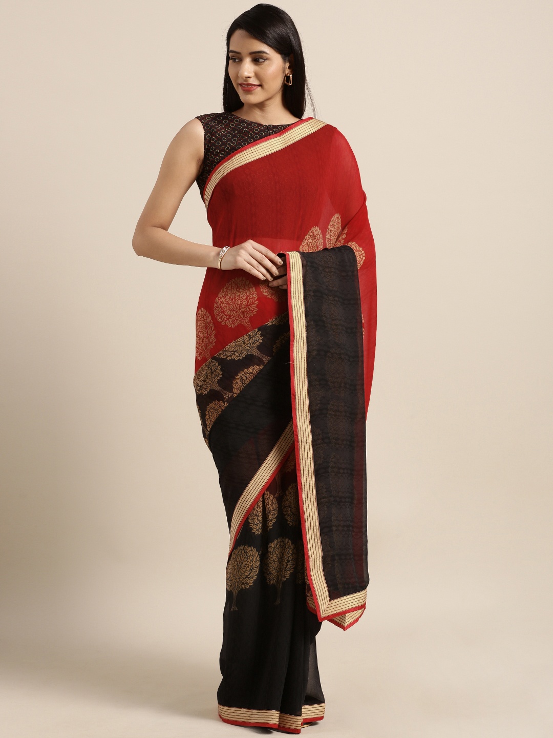 

Shaily Red & Black Pure Georgette Printed Saree