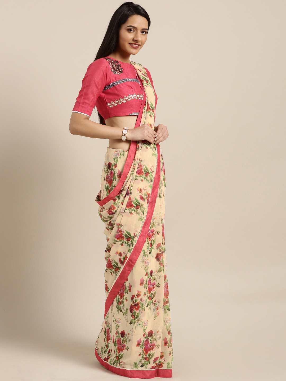 

Shaily Beige & Pink Pure Georgette Printed Saree