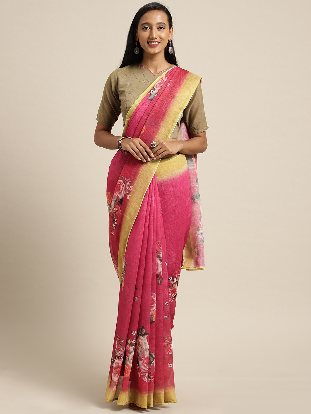 

Shaily Pink Printed Pure Linen Saree