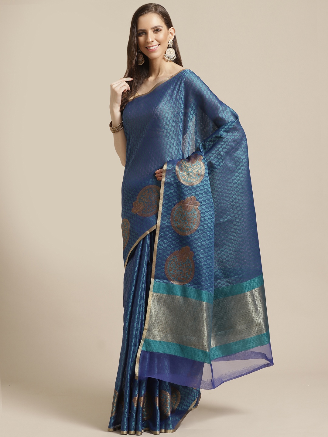 

Shaily Teal Blue & Golden Zari Woven Design Saree