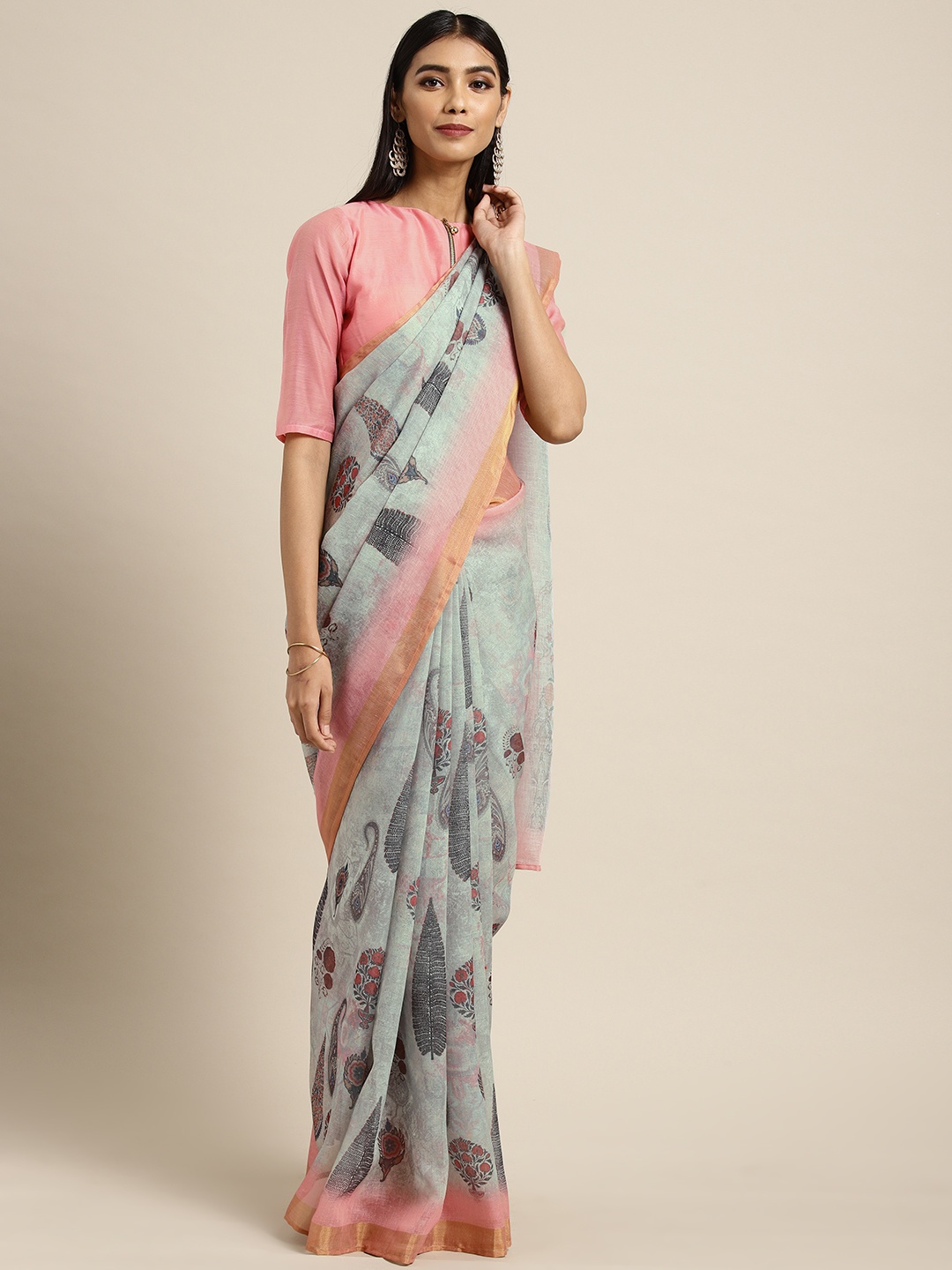 

Shaily Grey & Pink Pure Linen Printed Saree