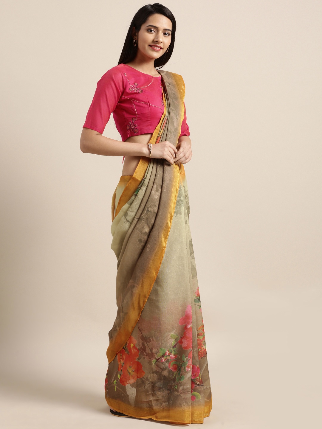 

Shaily Green Printed Pure Linen Saree