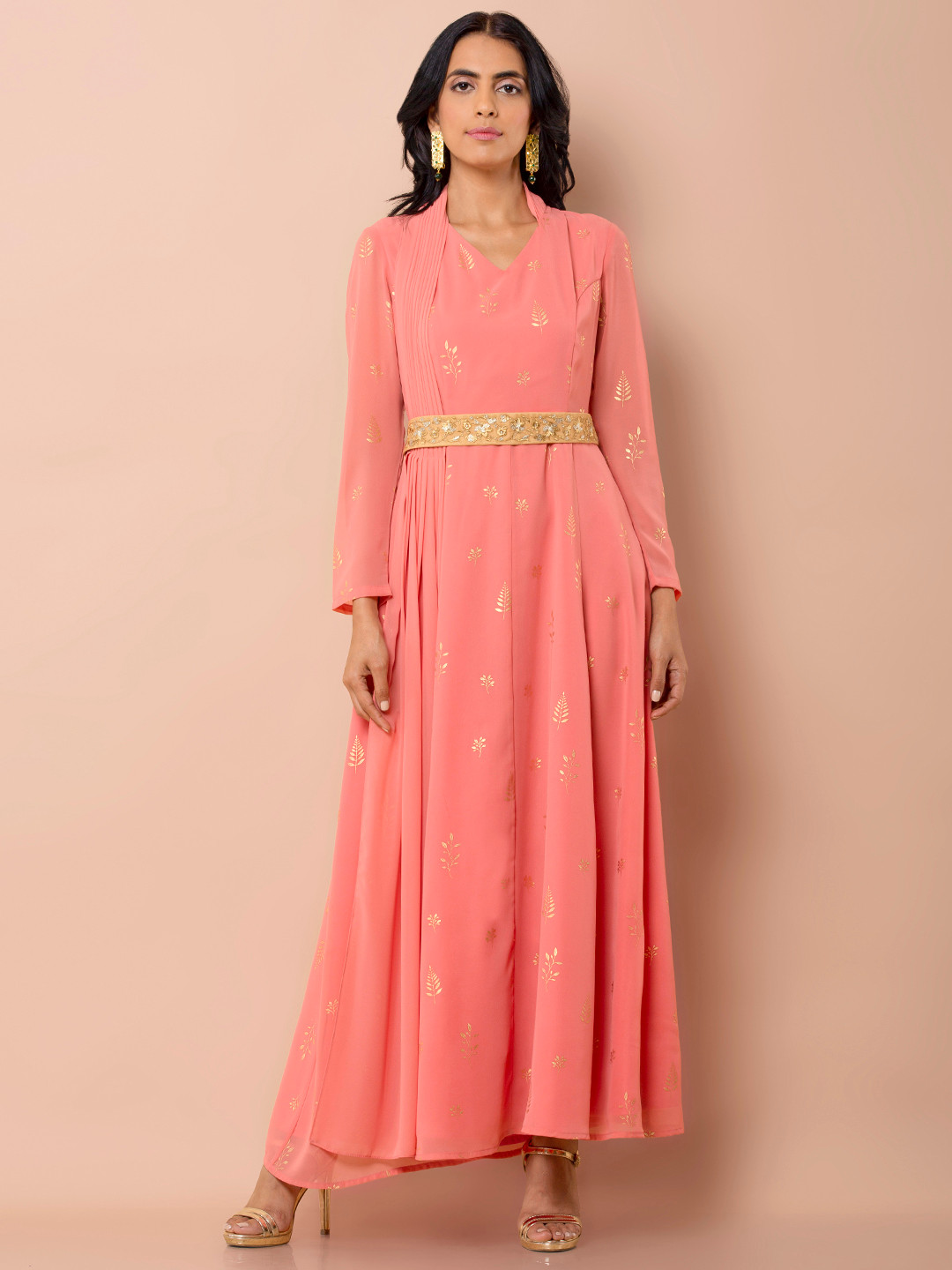 

INDYA Pink Belted Foil Tunic With Attached Dupatta