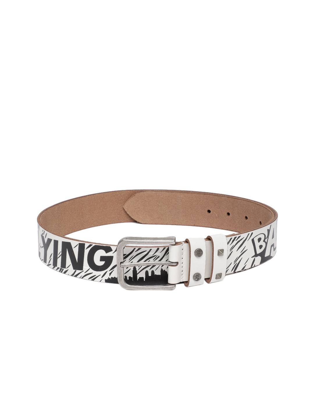 

Flying Machine Men White & Black Printed Leather Belt