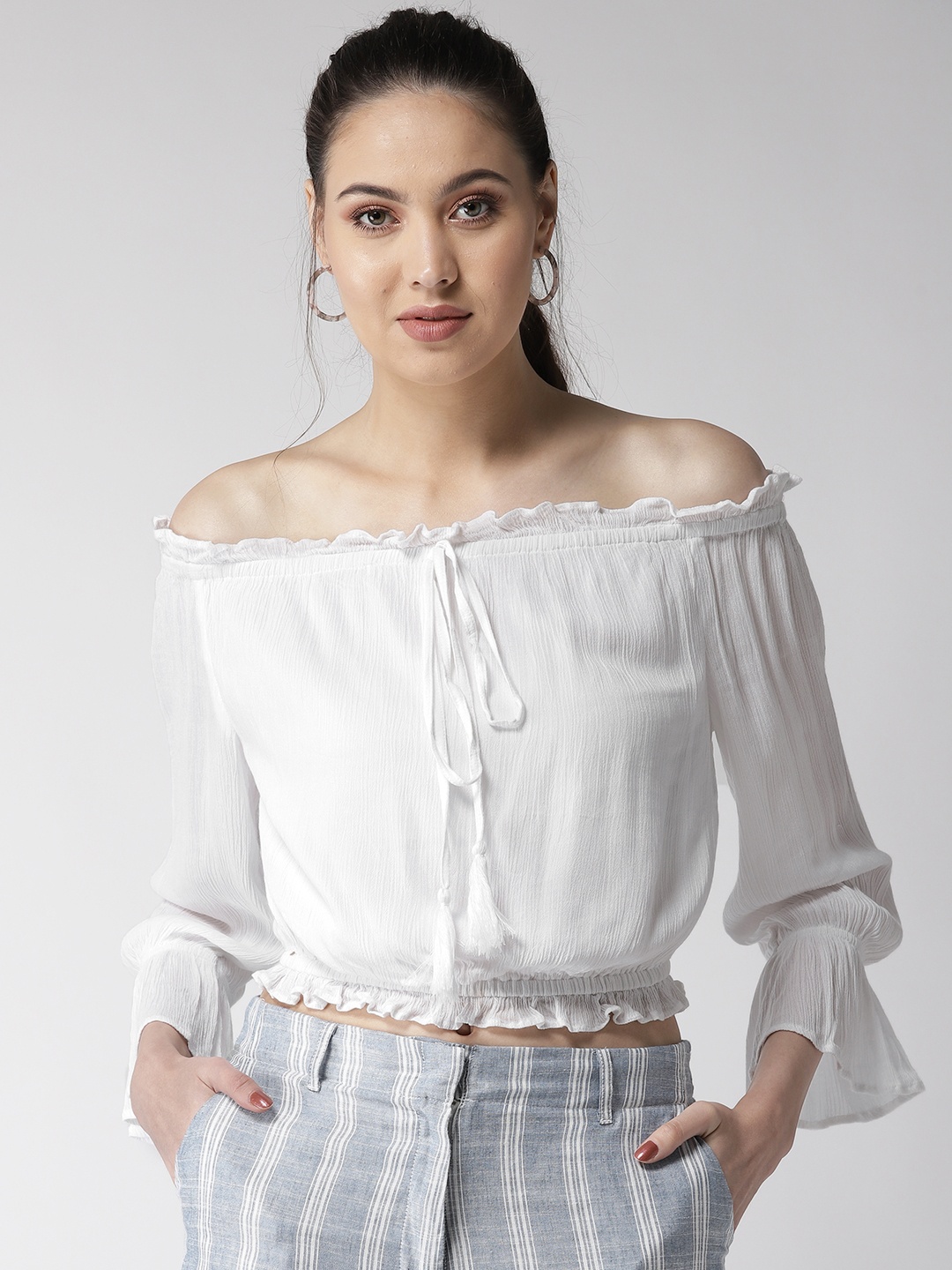 

QUIERO Women White Solid Crop Bardot Top