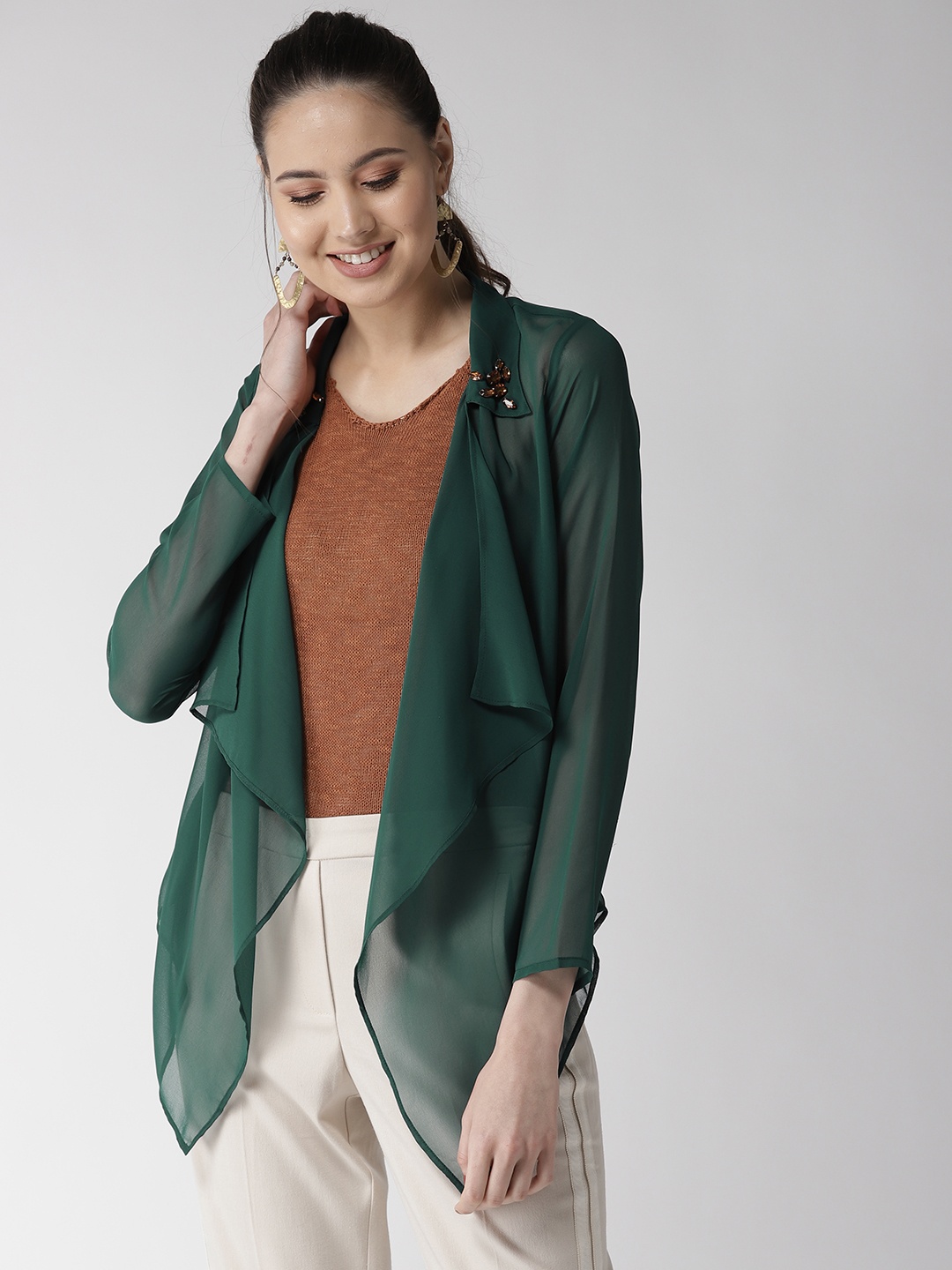 

QUIERO Women Green Solid Semi-Sheer Open Front Shrug