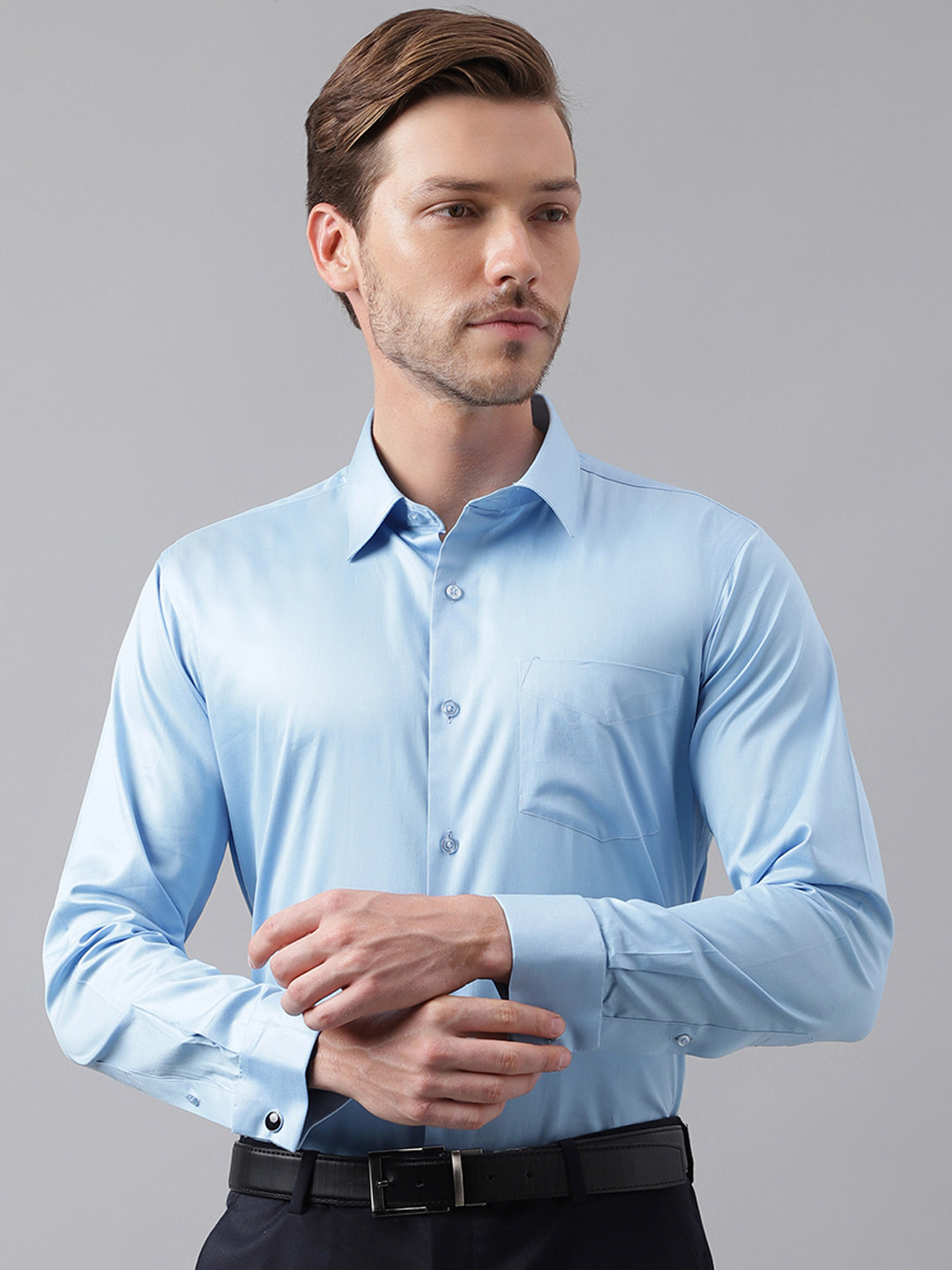 

Hancock Men Solid Slim Fit Formal Cotton Shirt, Blue