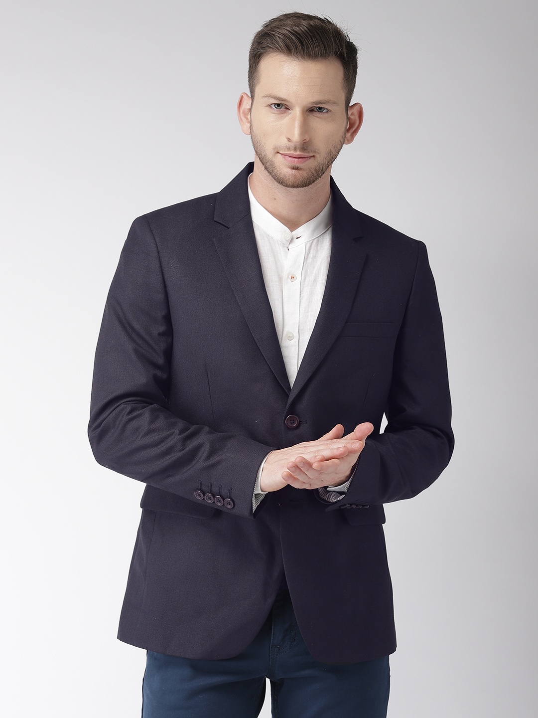 

The Indian Garage Co Men Navy Blue Solid Single-Breasted Smart Casual Pure Cotton Blazer