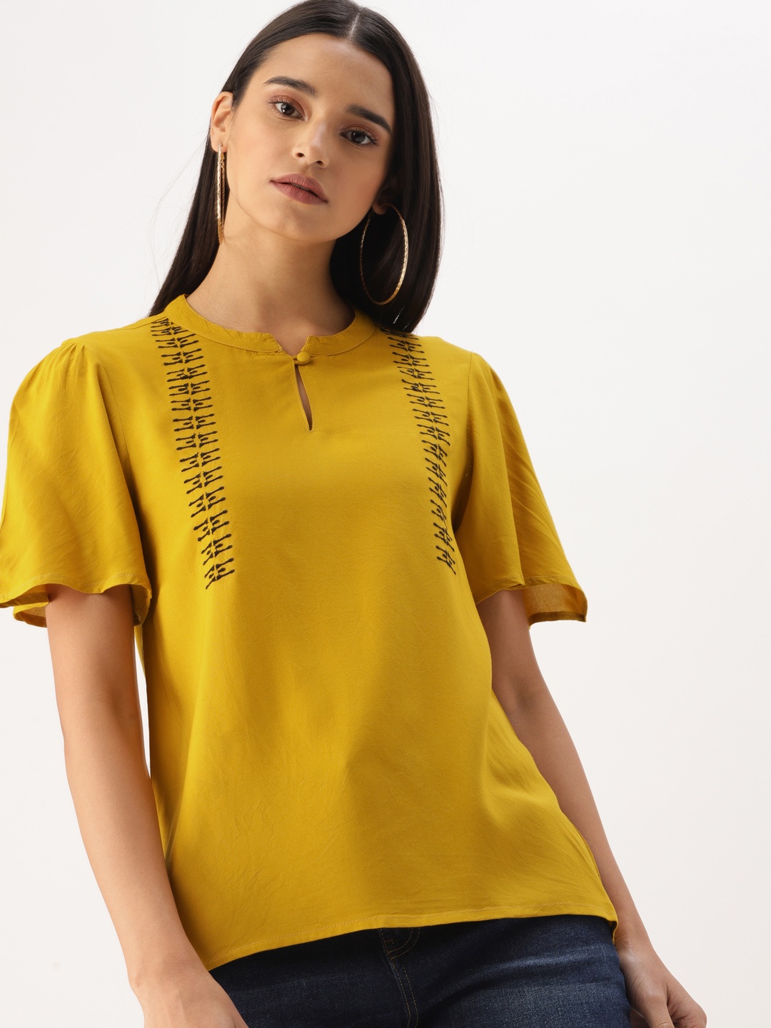 

DressBerry Women Mustard Yellow Embroidered Regular Top