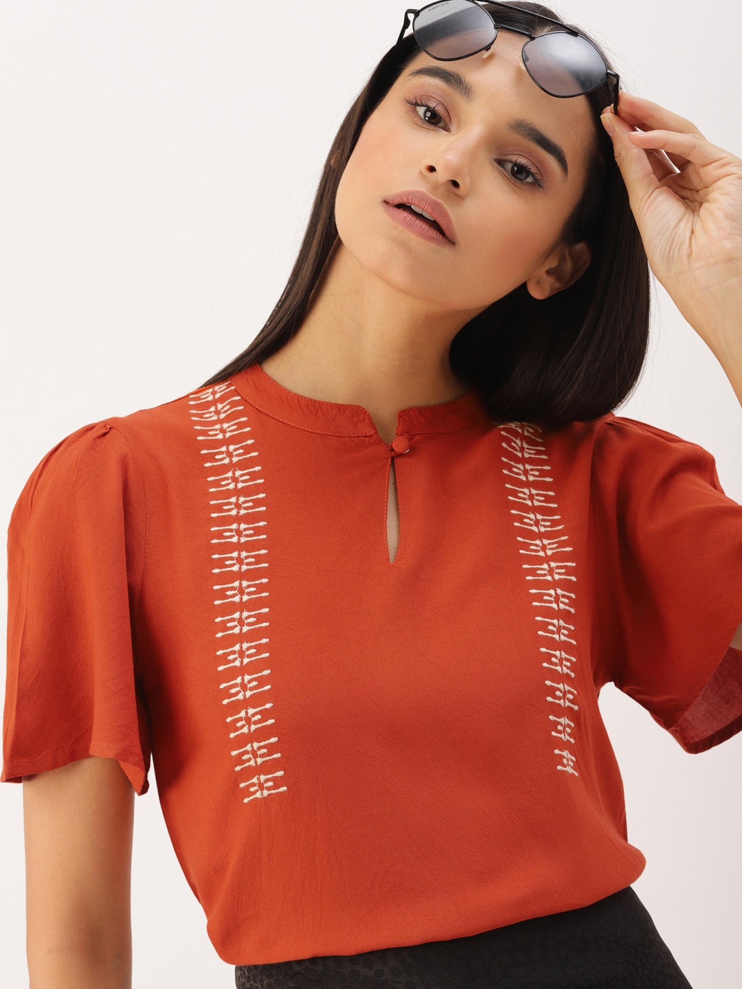 

DressBerry Women Rust Orange Embroidered Top
