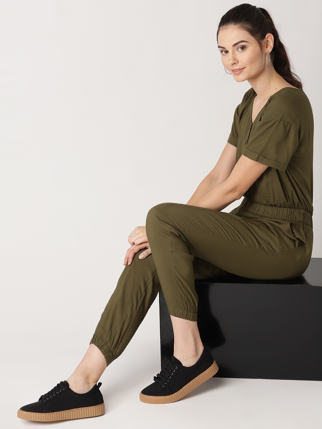 

DressBerry Women Olive Green Solid Basic Jumpsuit