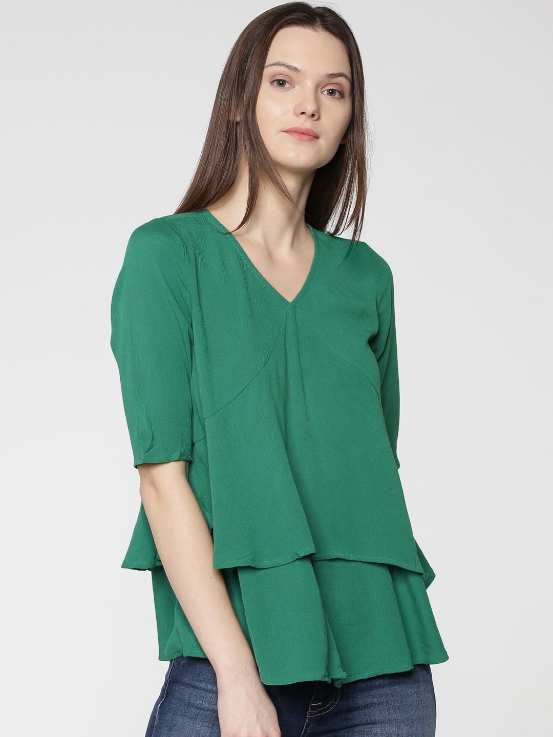 

ONLY Women Green Solid A-Line Top