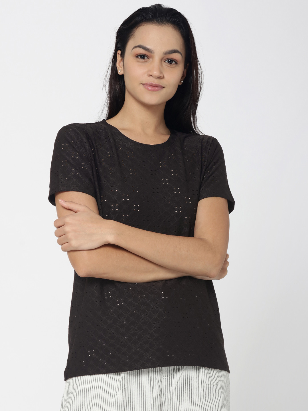 

ONLY Women Black Self Design Top