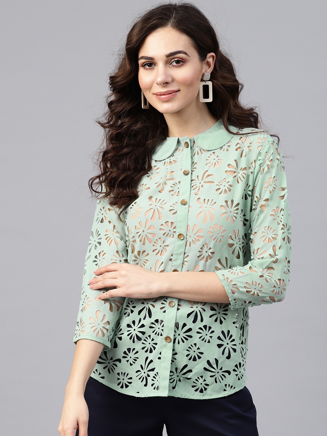 

Zima Leto Women Green Laser Cut Casual Shirt