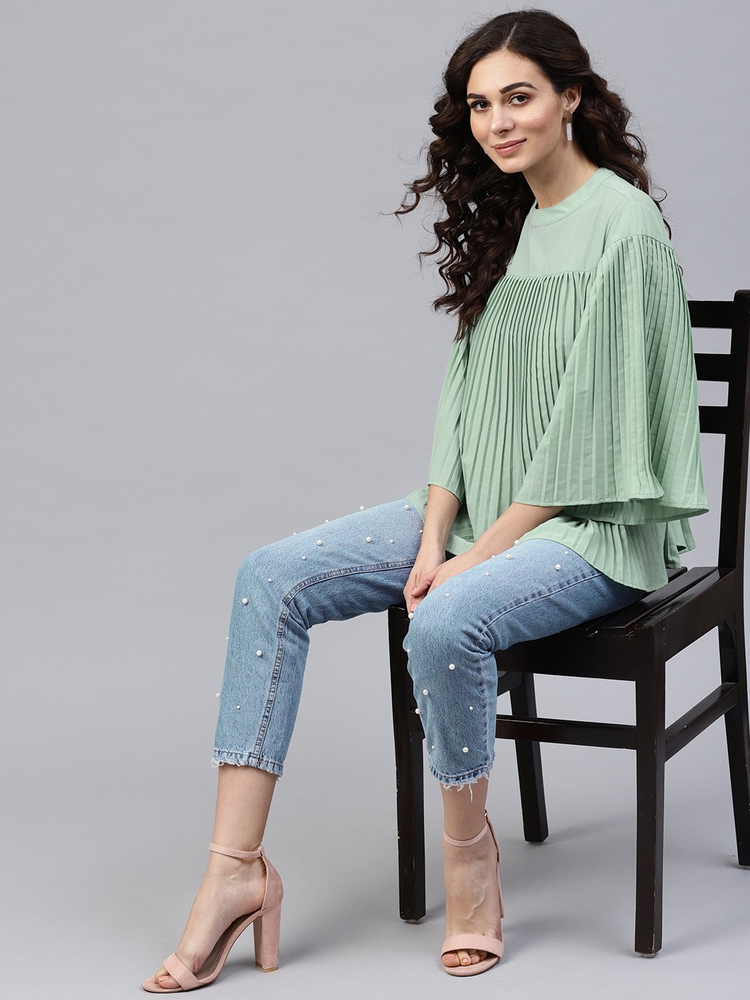 

Zima Leto Women Green Pleated A-Line Top