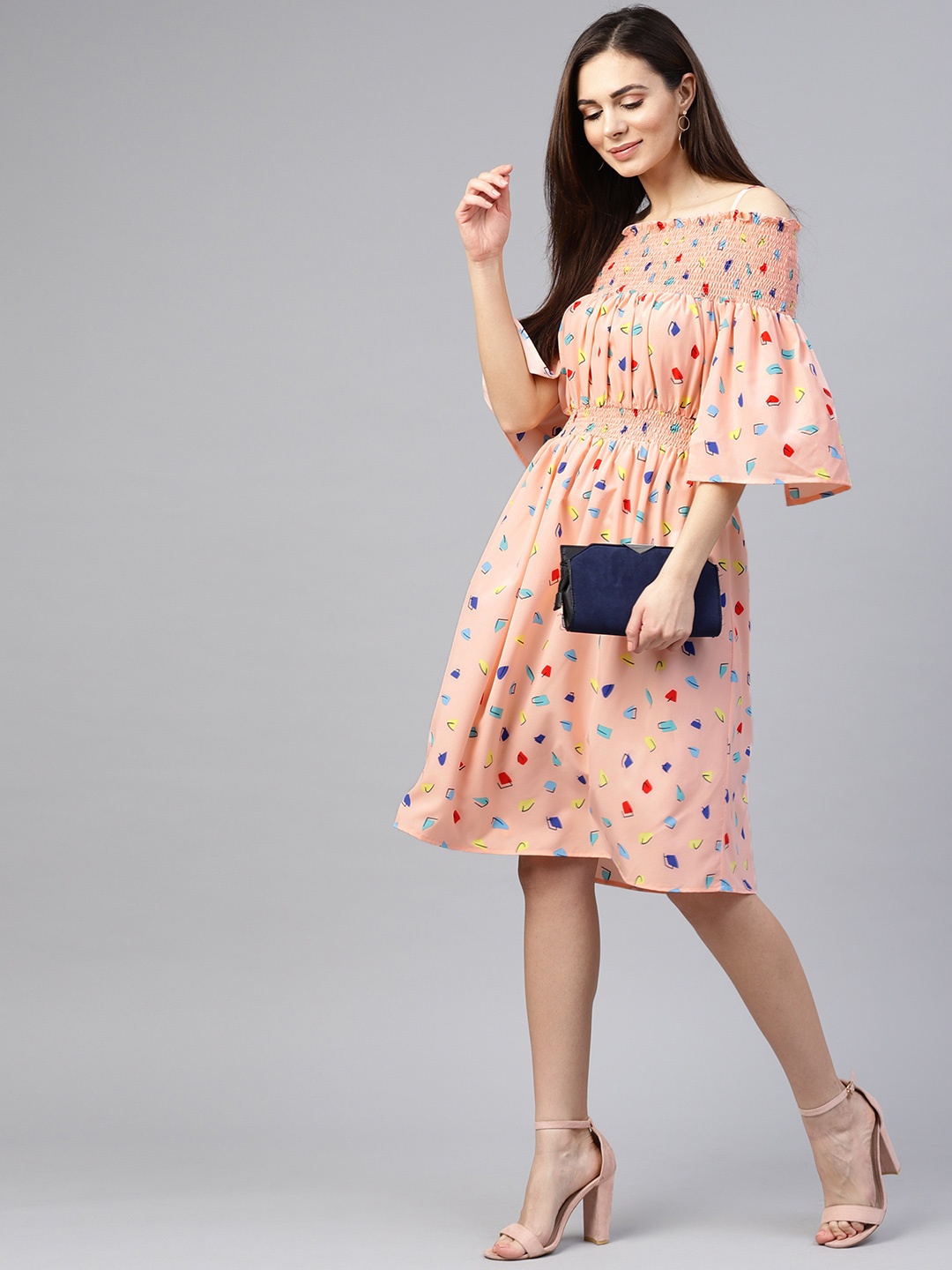 

Zima Leto Women Peach-Coloured & Blue Printed Fit & Flare Dress