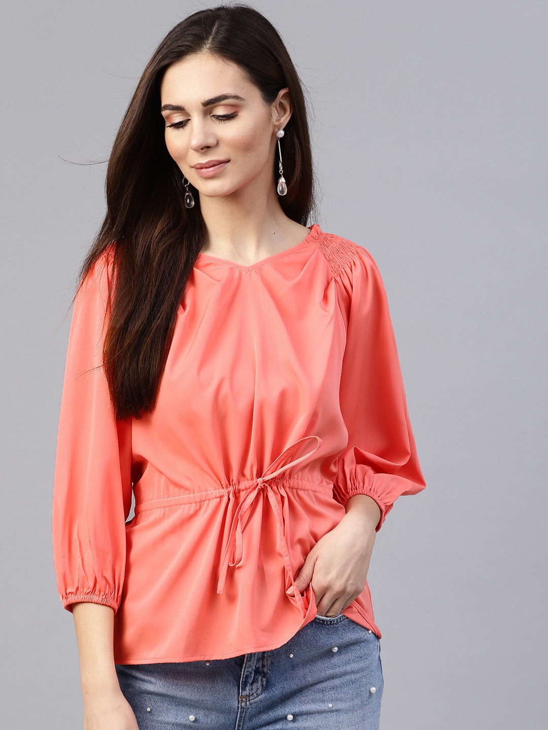 

Zima Leto Women Coral Pink Solid Cinched Waist Top