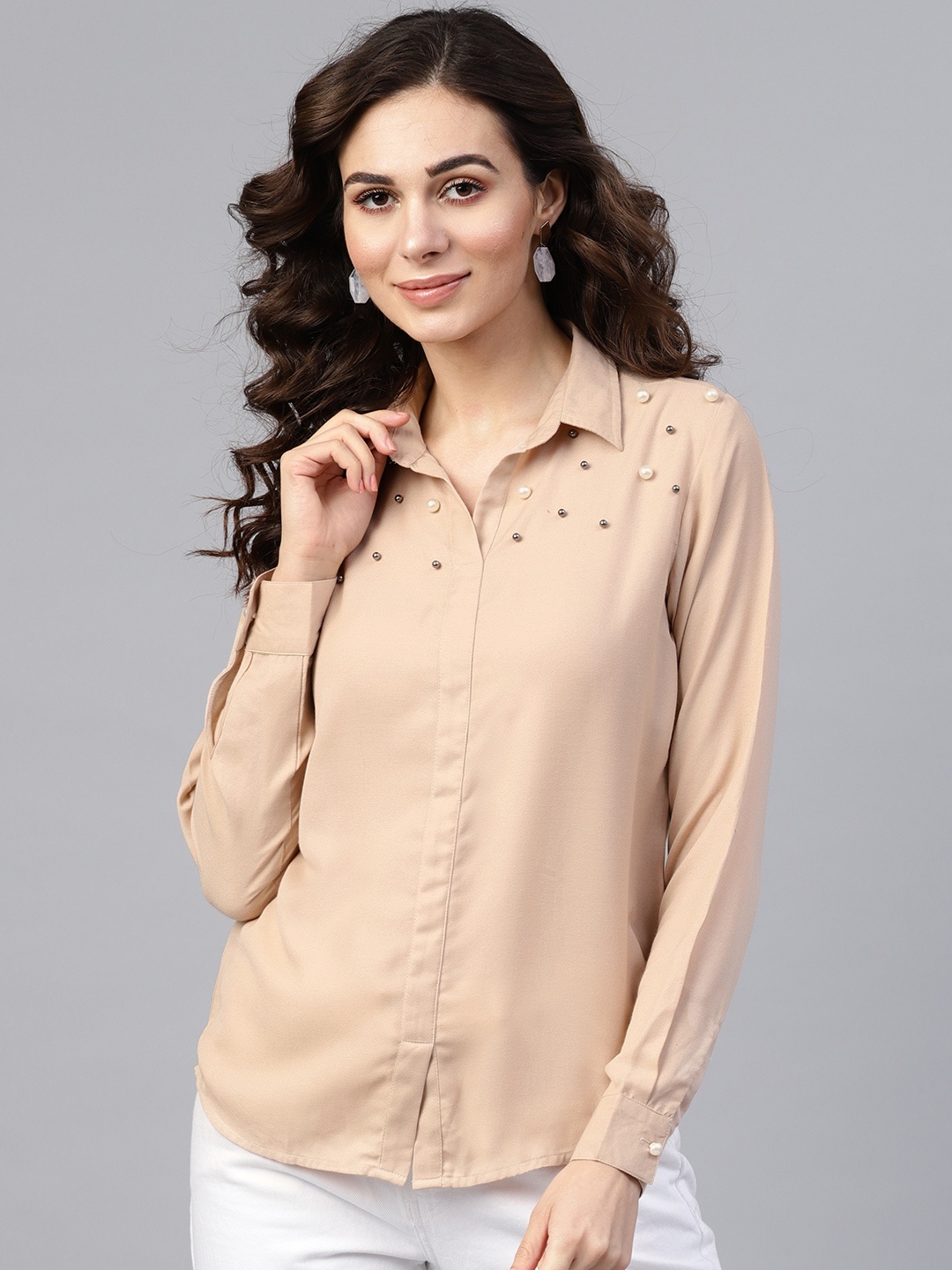 

Zima Leto Women Beige Solid Shirt Style Top