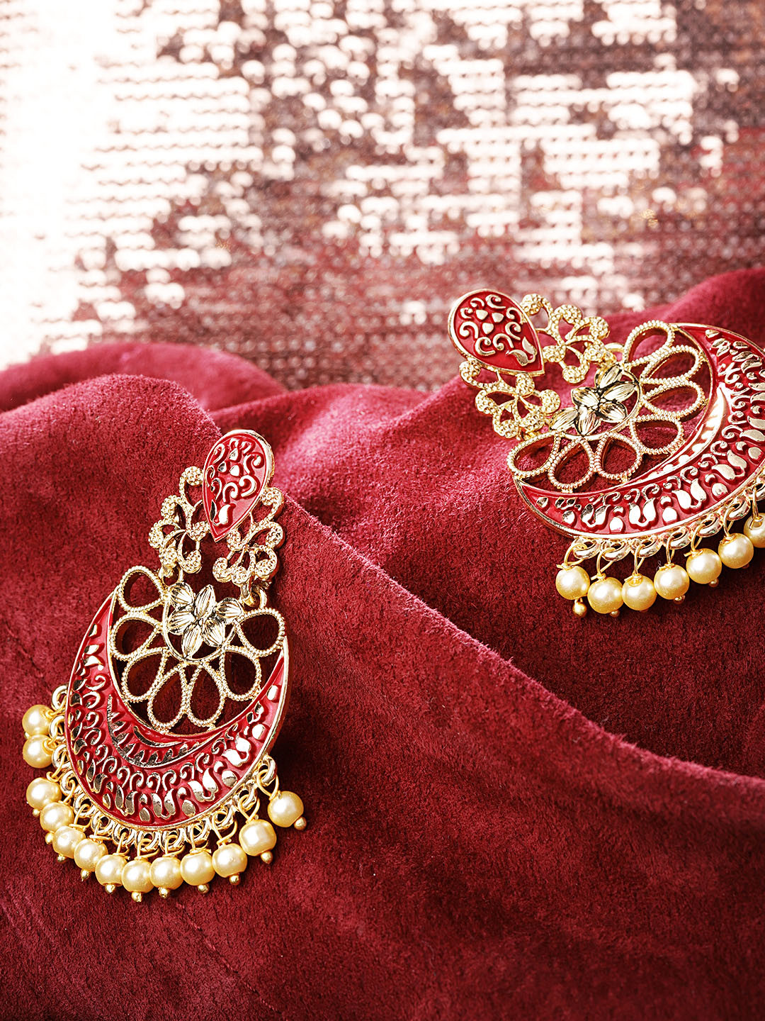 

Priyaasi Maroon Gold-Plated Hand-Painted Beaded Crescent Shaped Chandbalis