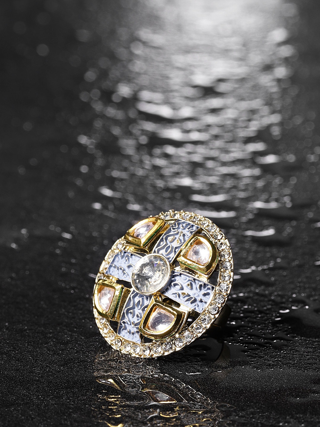 

Priyaasi Grey Gold-Plated Kundan-Studded Hand Painted Adjustable Ring
