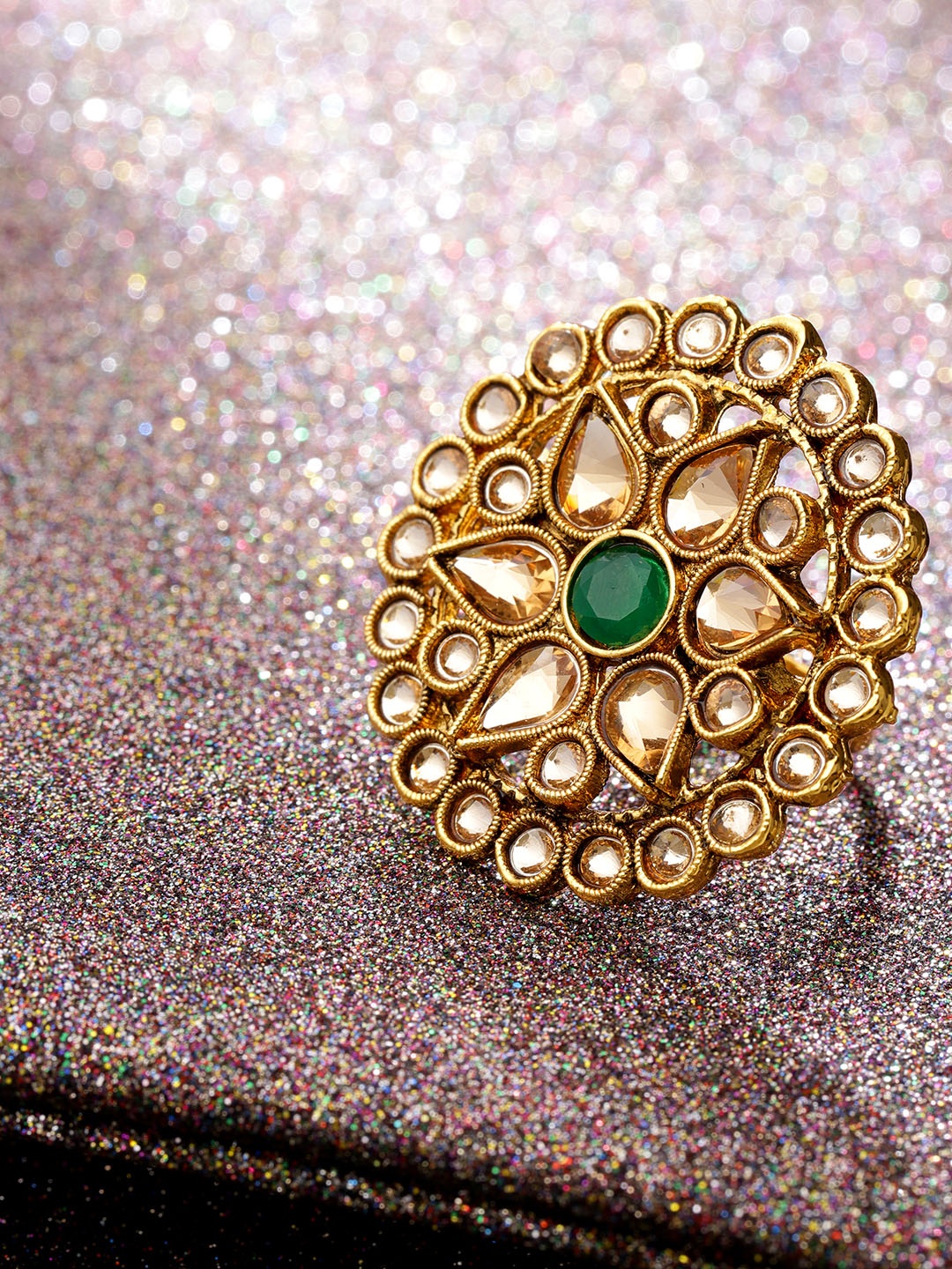 

Priyaasi Green Gold-Plated Kundan-Studded Antique Adjustable Ring