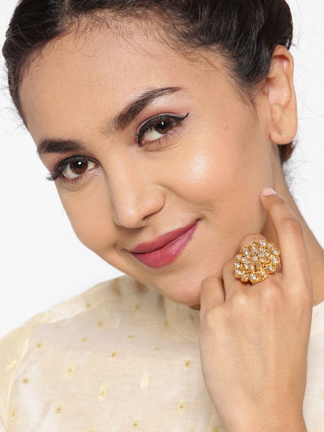 

Priyaasi Rose Gold-Toned Gold-Plated Kundan-Studded Antique Adjustable Ring