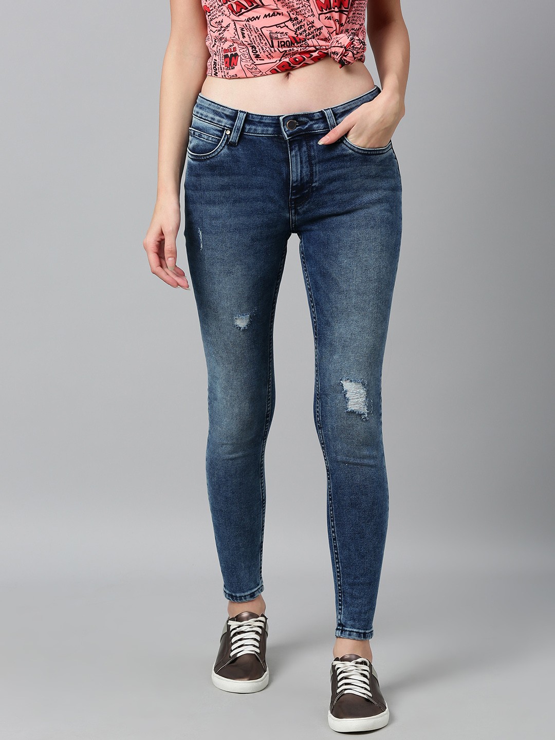 

ONLY Women Blue Skinny Fit Mid-Rise Mildly Distressed Stretchable Jeans