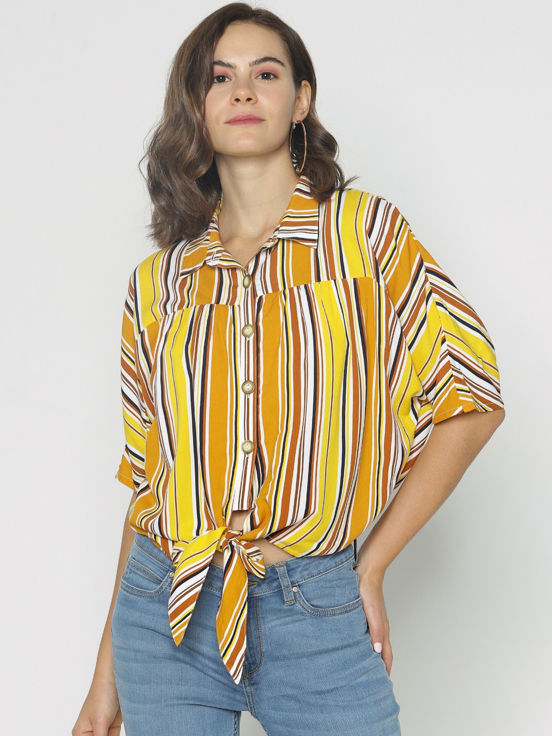 

ONLY Women Mustard Yellow & White Striped Shirt with Tie-Up Detail