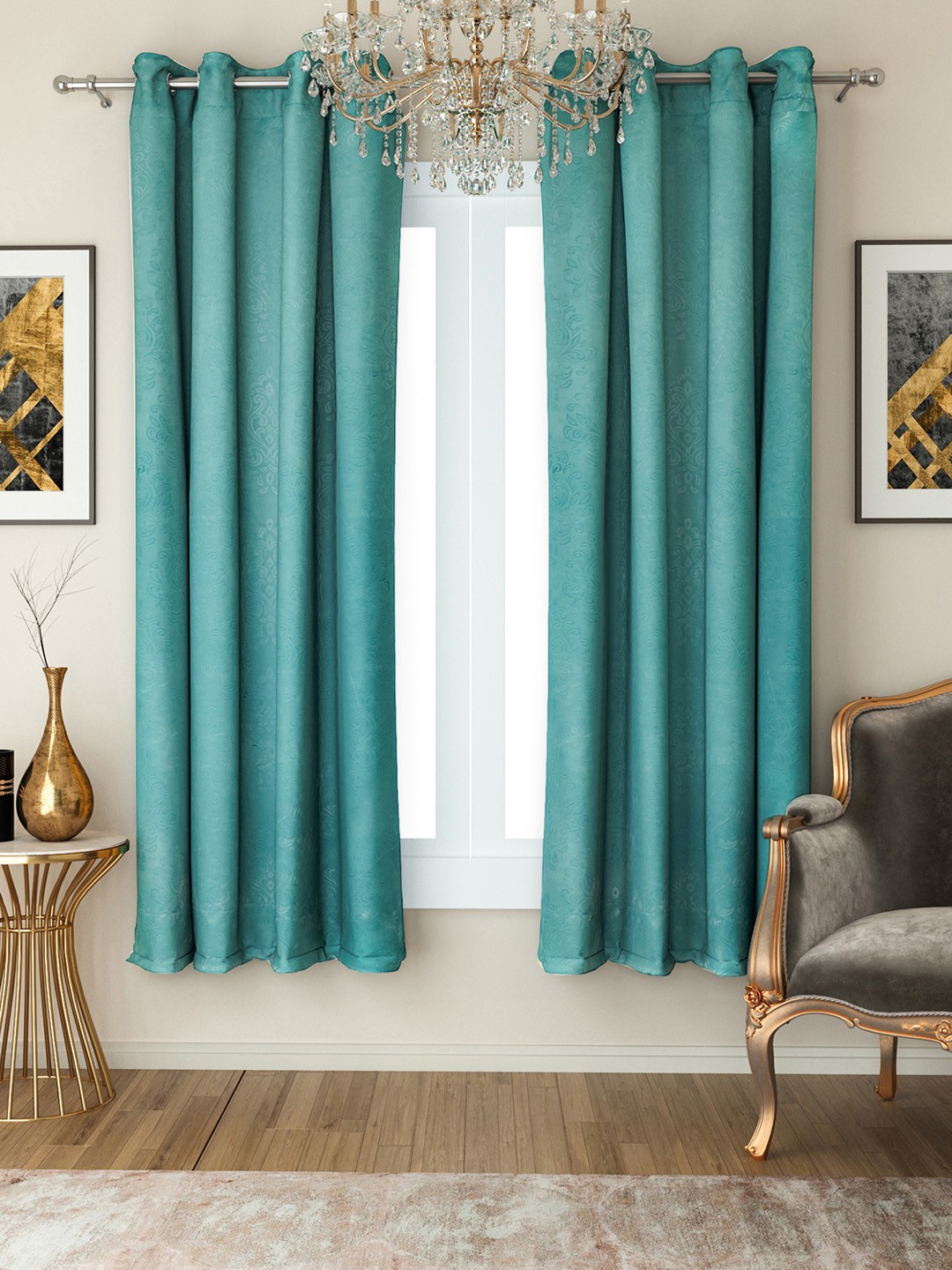 

SWAYAM Set of 2 Silk Window Curtains, Turquoise blue