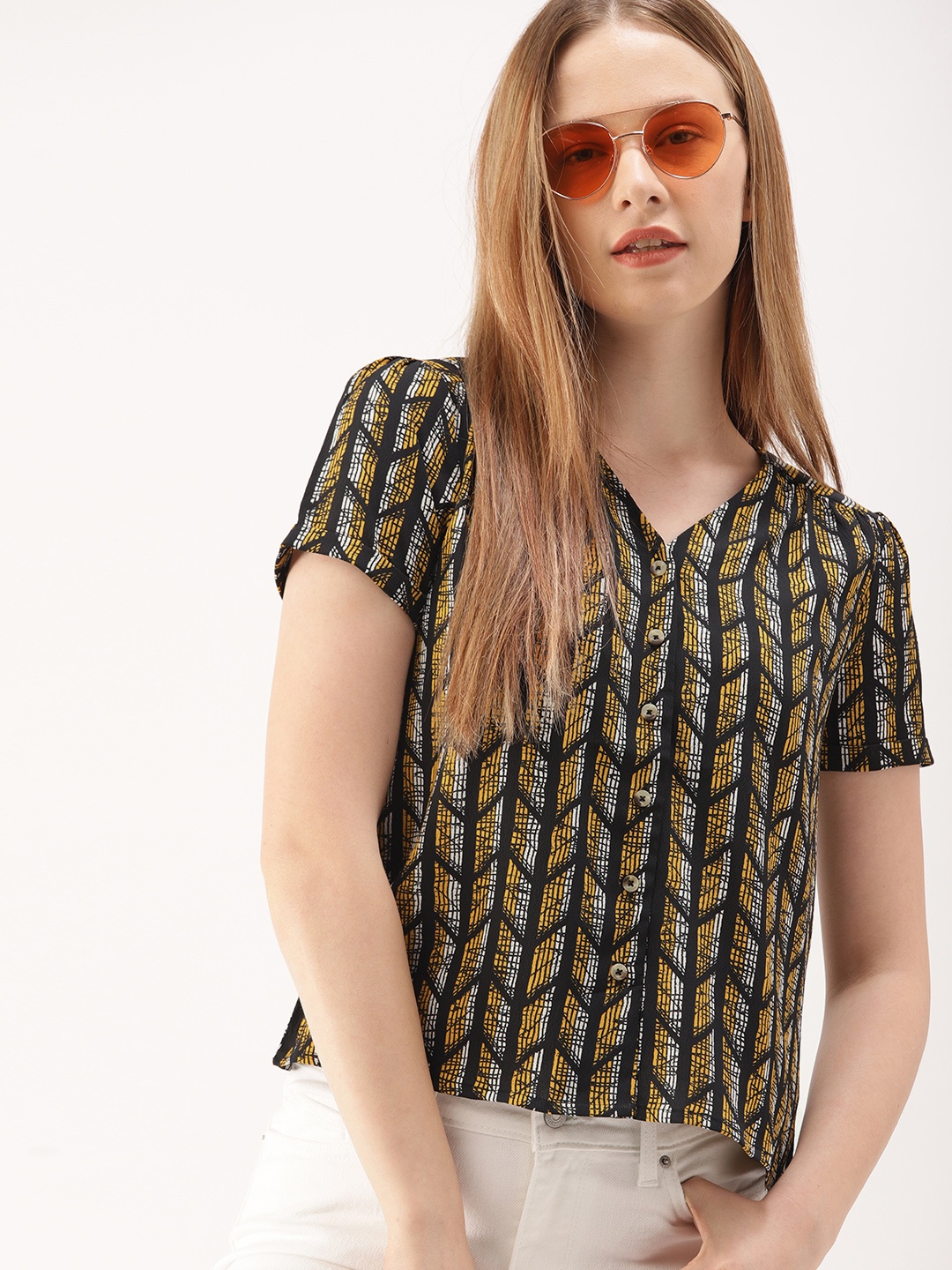 

DressBerry Women Black & Yellow Printed Shirt Style Top