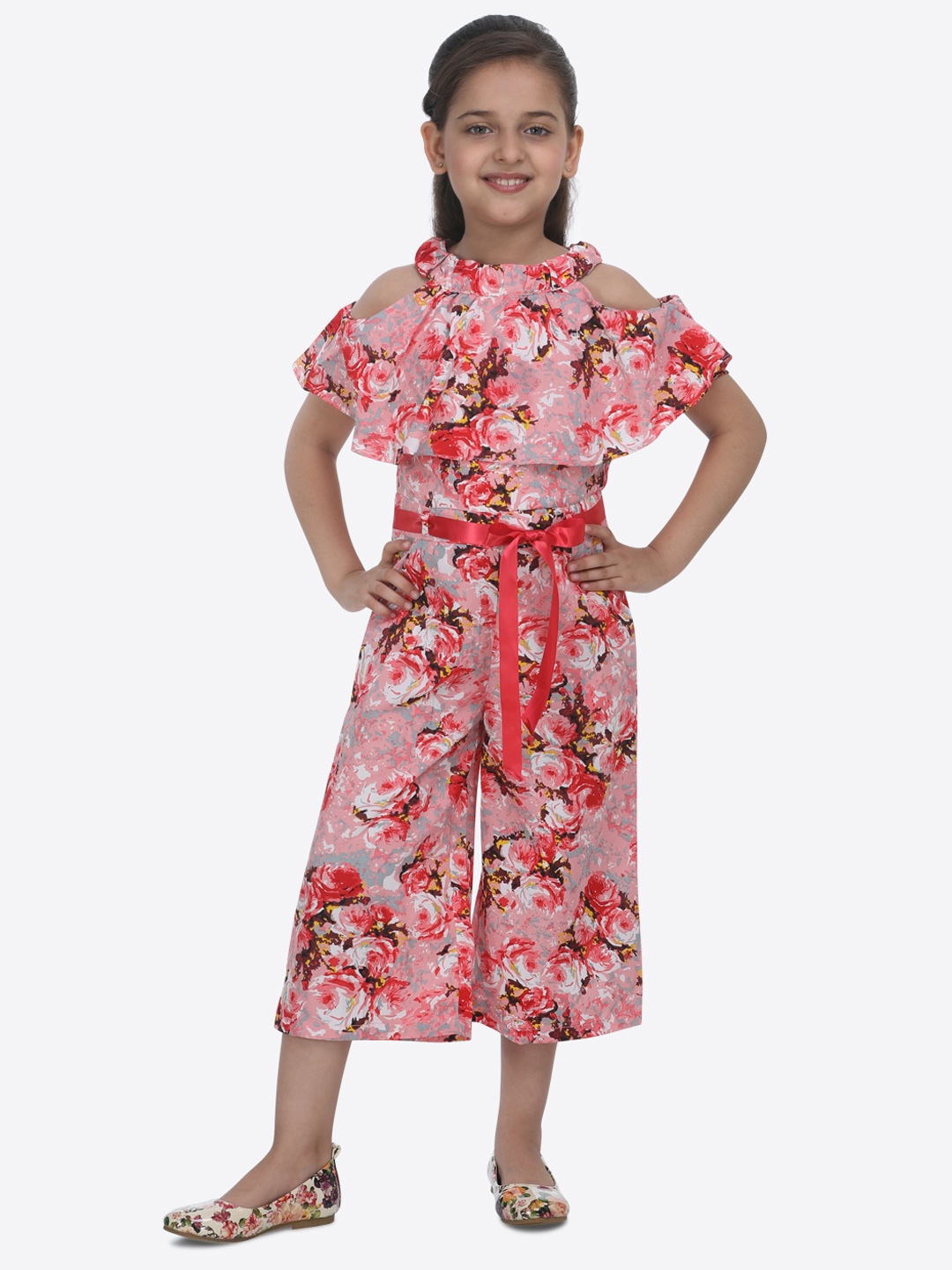 

CUTECUMBER Girls Peach & Red Floral Print Cold-Shoulder Jumpsuit