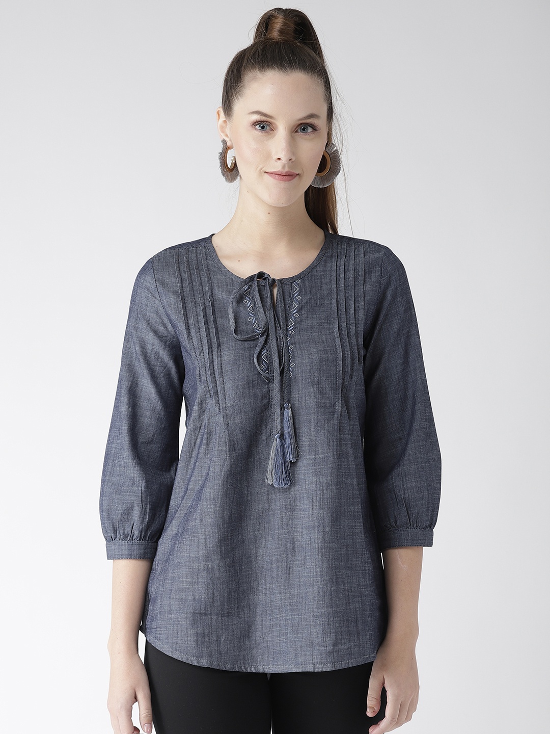 

Xpose Women Navy Blue Chambray Solid Pure Cotton Top