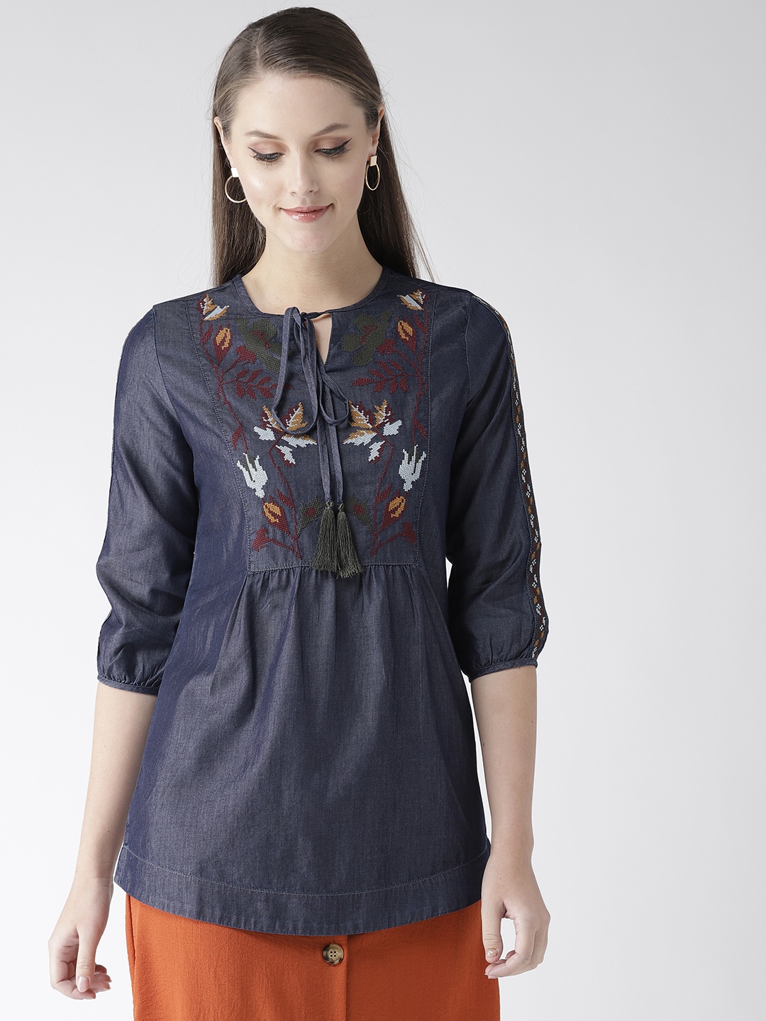 

Xpose Women Navy Blue Embroidered Chambray Pure Cotton Top