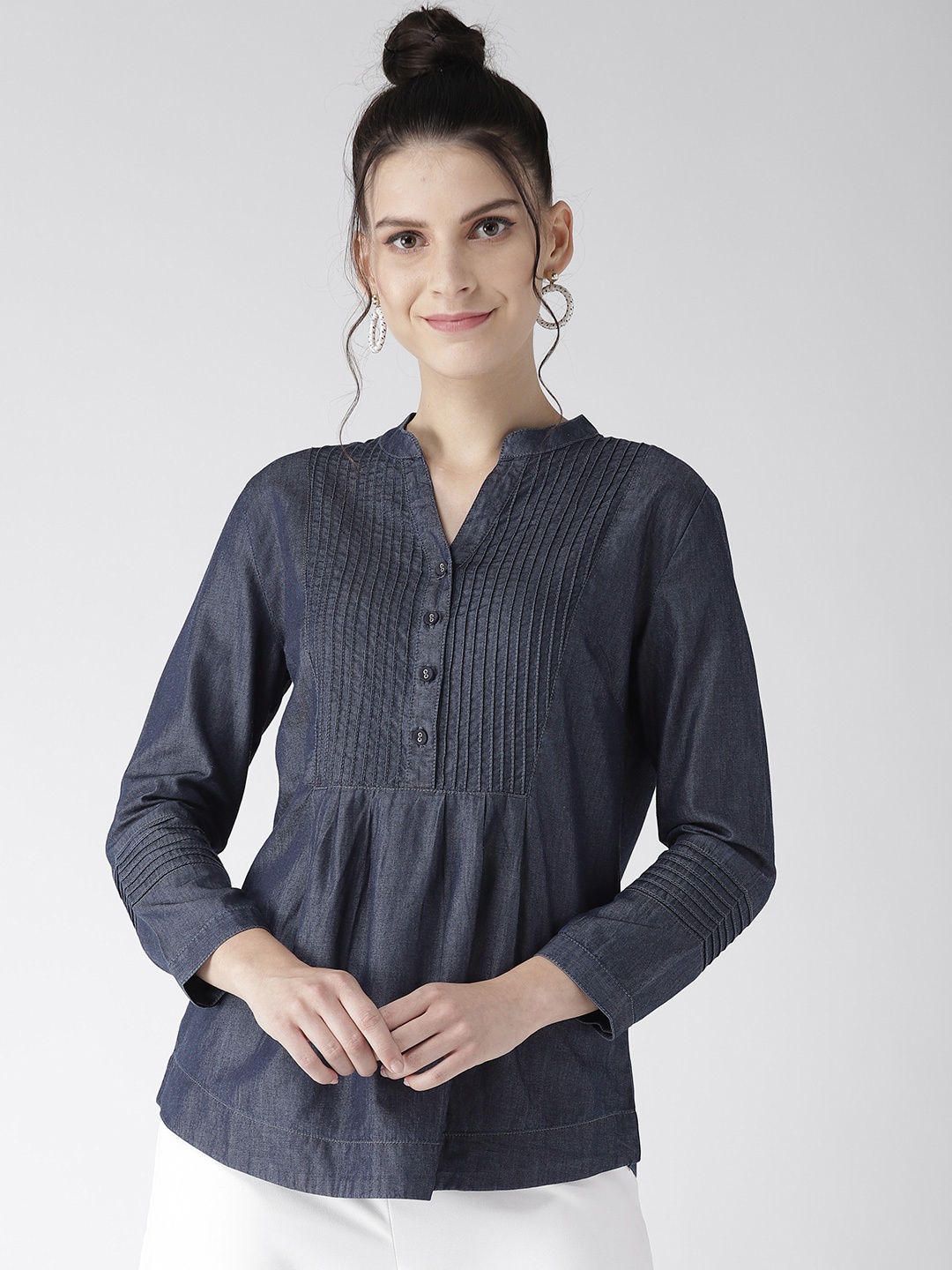 

Xpose Women Navy Blue Solid Chambray Shirt Style Pure Cotton Top
