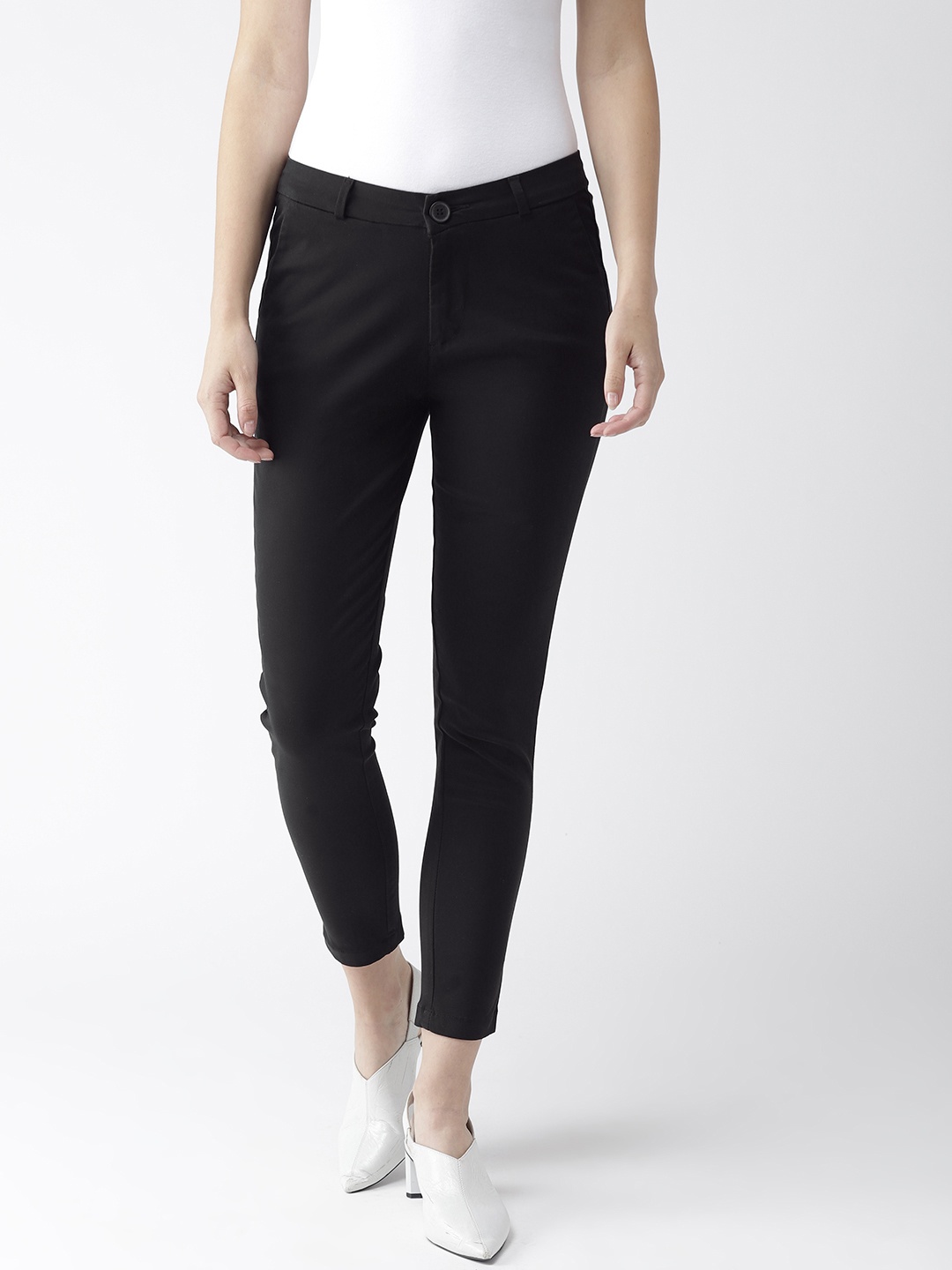 

Xpose Women Black Sharp Tapered Fit Cropped Formal Trousers