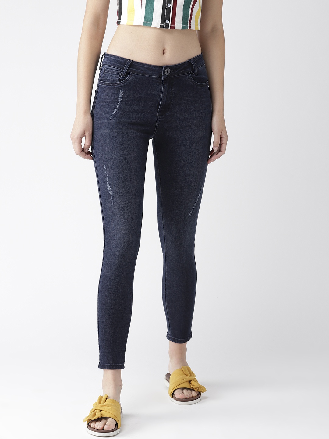 

Xpose Women Navy Blue Skinny Fit High-Rise Low Distress Stretchable Cropped Jeans