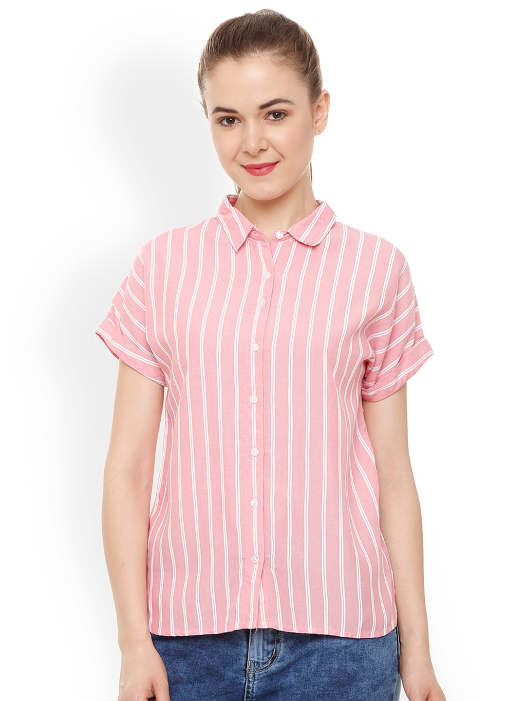 

People Women Pink & White Regular Fit Striped Casual Shirt