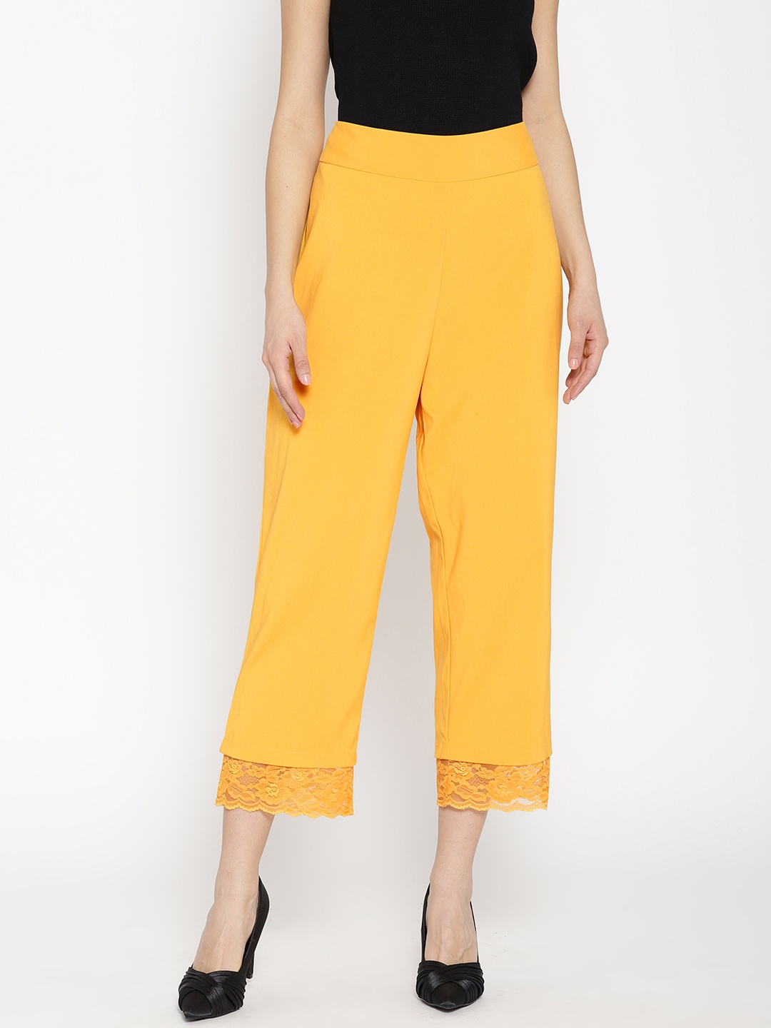 

NIZA Women Yellow Regular Fit Solid Culottes with Lace Inserts Detail