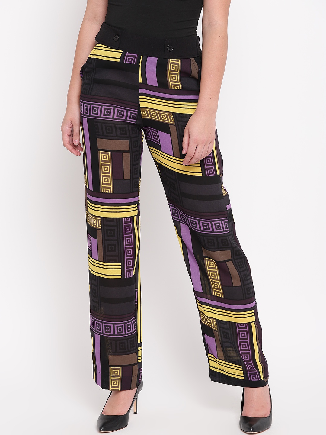 

NIZA Women Black & Purple Regular Fit Printed Regular Trousers